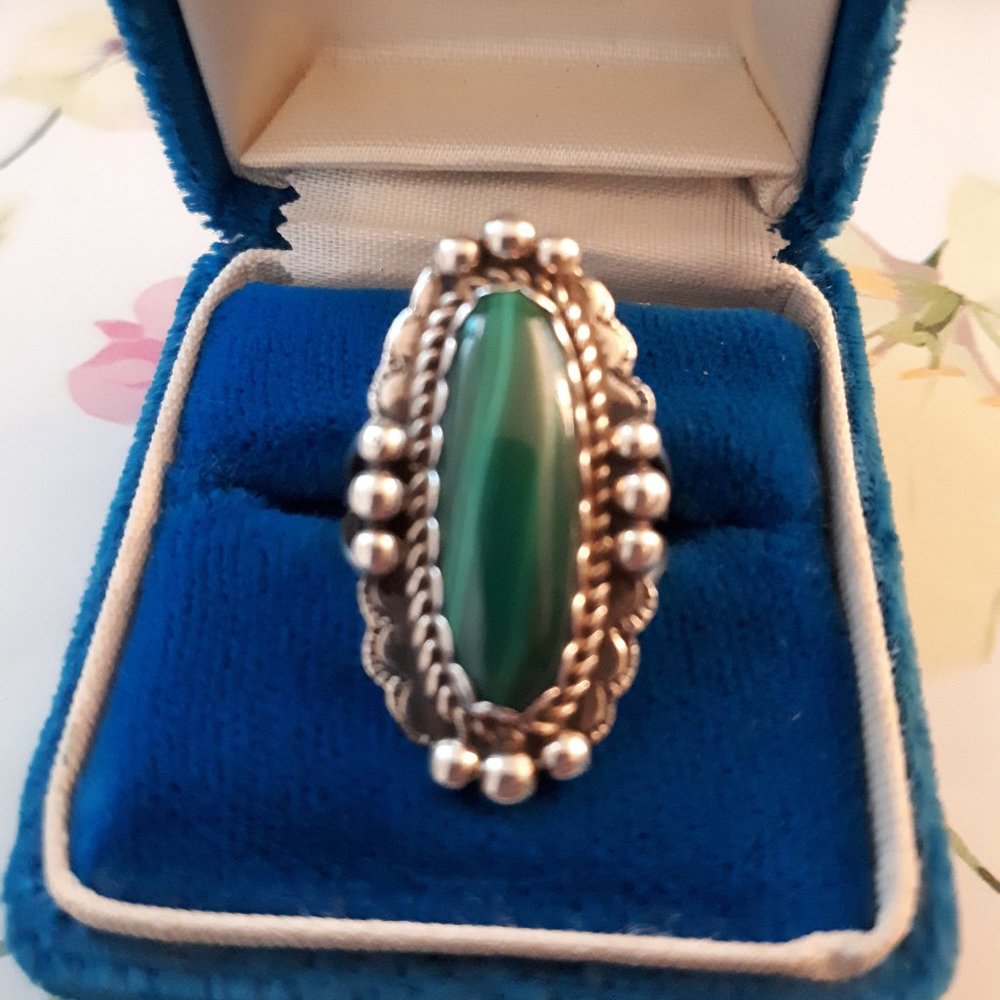 Ring - Sterling Silver and Malachite - Stamped and Hallmarked